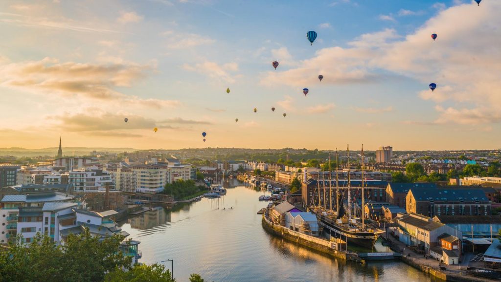 View over Bristol Harbourside during balloon fest